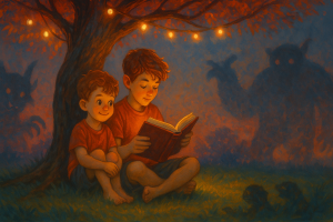 "Due bambini seduti sotto un albero che leggono insieme un libro in un ambiente magico, simbolo dell’importanza di fidarsi degli altri fin da piccoli."